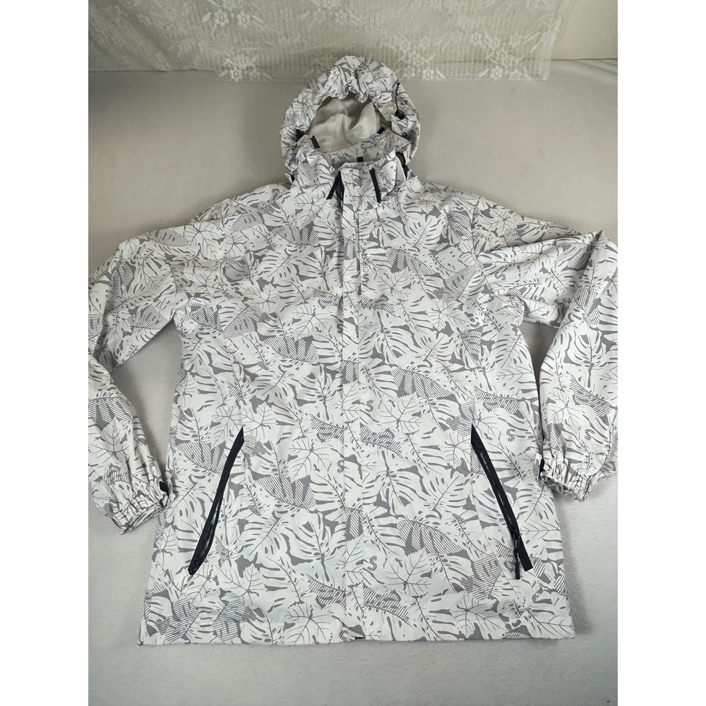 Explore S Windbreaker Kids Size M Grey White Tropical Leaf Print Rain Jacket‎